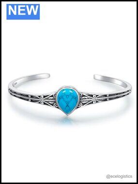 925 Sterling Silver Turquoise Teardrop Cuff Bracelet Adjustable